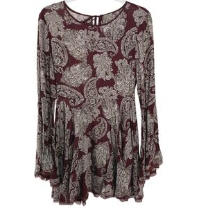 Boho Paisley Bell Sleeve Long Flowy Top Maroon White Festival Peasant S Size 2